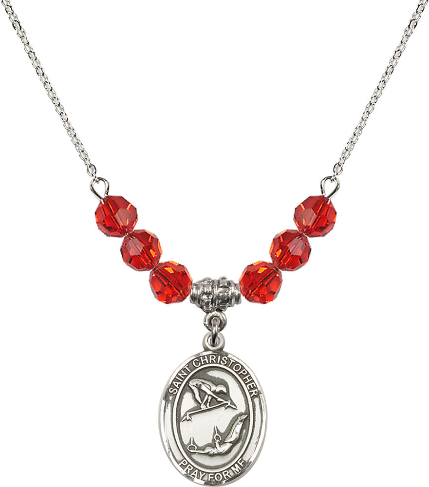 Sterling Silver Saint Christopher/Gymnastics Birthstone Necklace with Ruby Beads - 8513
