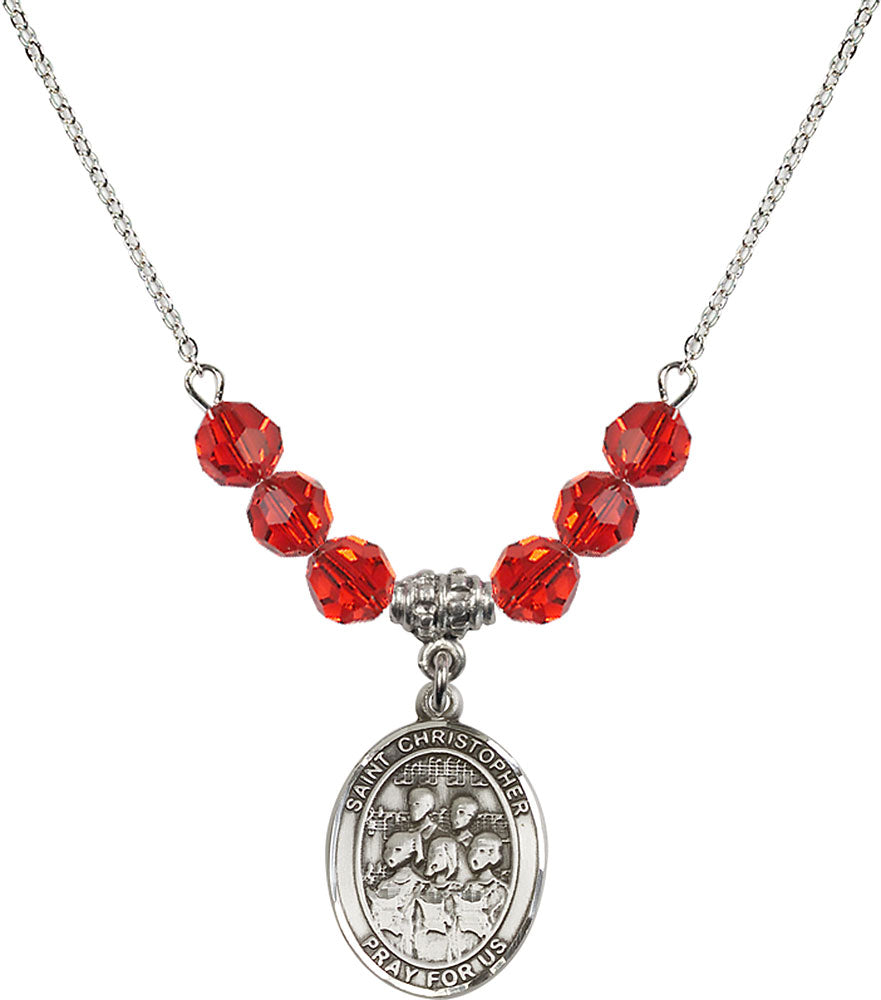 Sterling Silver Saint Christopher / Choir Birthstone Necklace with Ruby Beads - 8514