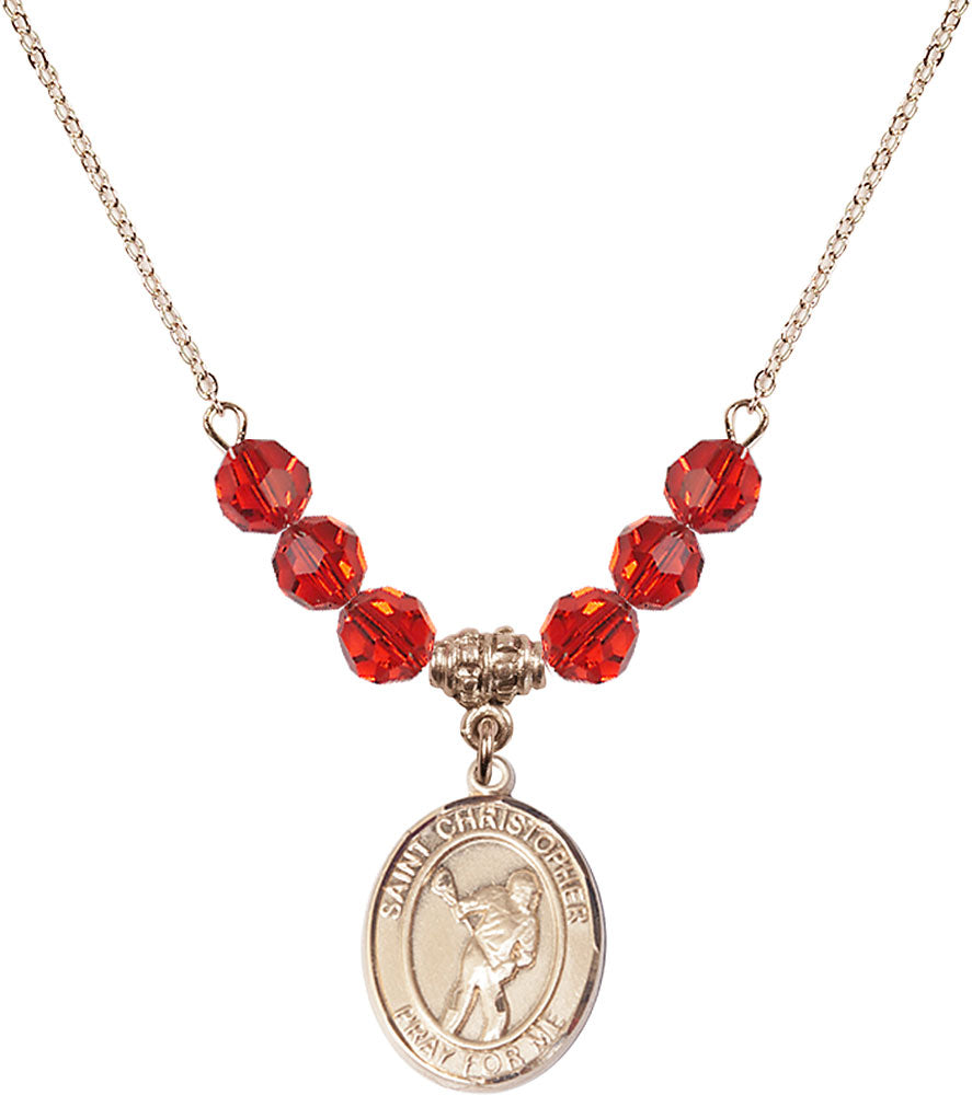 14kt Gold Filled Saint Christopher/Lacrosse Birthstone Necklace with Ruby Beads - 8516