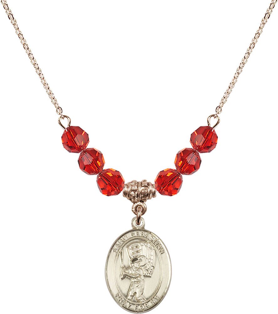 14kt Gold Filled Saint Sebastian / Baseball Birthstone Necklace with Ruby Beads - 8600
