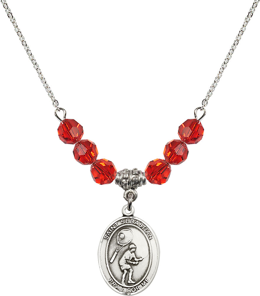 Sterling Silver Saint Sebastian / Tennis Birthstone Necklace with Ruby Beads - 8605