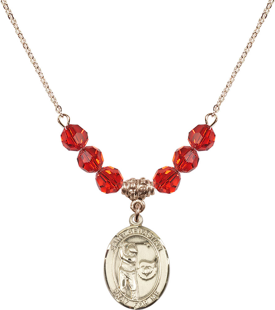 14kt Gold Filled Saint Sebastian / Golf Birthstone Necklace with Ruby Beads - 8606