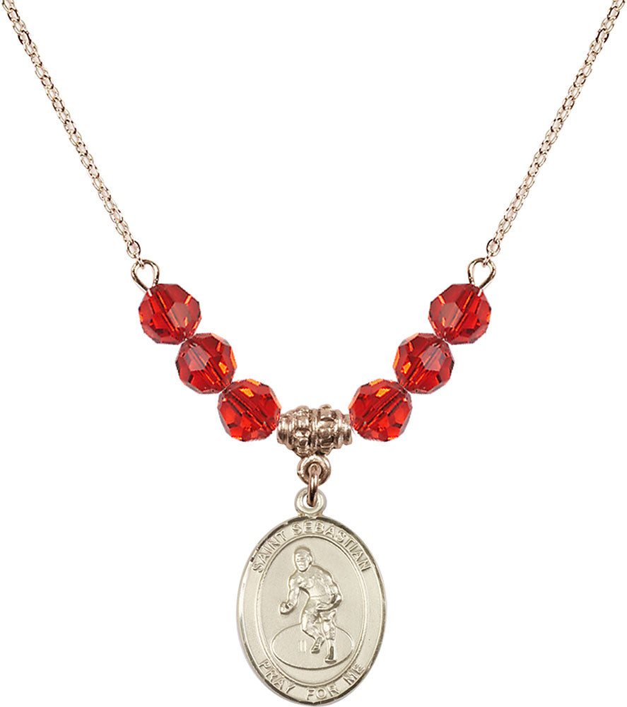 14kt Gold Filled Saint Sebastian/Wrestling Birthstone Necklace with Ruby Beads - 8608