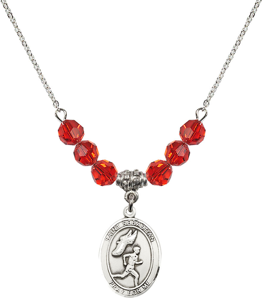 Sterling Silver Saint Sebastian /Track&Field-Men Birthstone Necklace with Ruby Beads - 8609