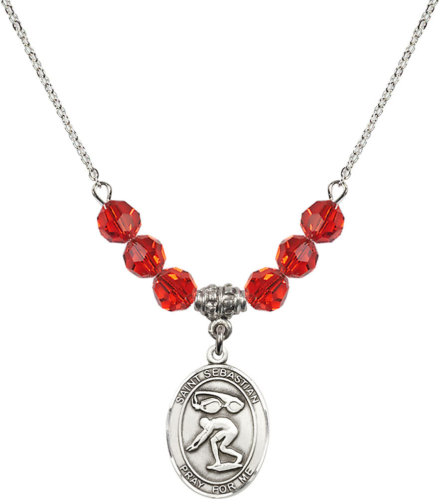 Sterling Silver Saint Sebastian/Swimming Birthstone Necklace with Ruby Beads - 8611