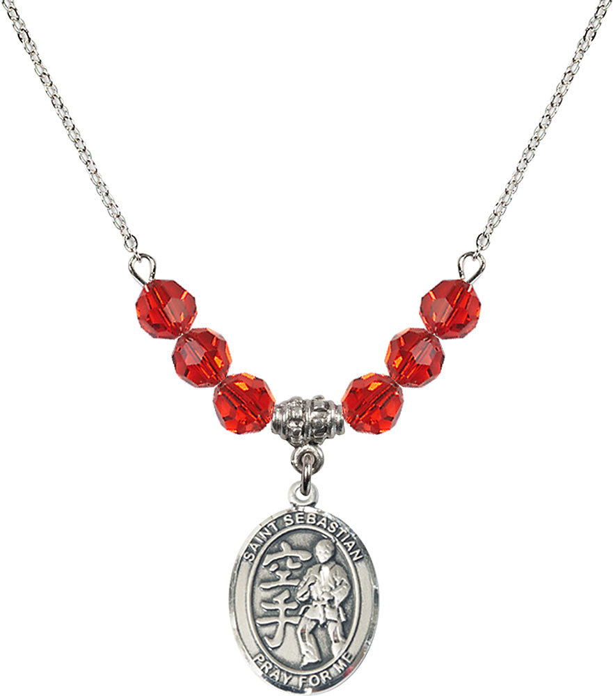 Sterling Silver Saint Sebastian/Karate Birthstone Necklace with Ruby Beads - 8615
