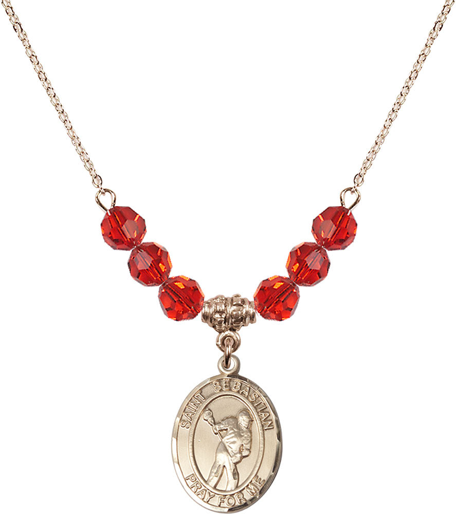 14kt Gold Filled Saint Sebastian/Lacrosse Birthstone Necklace with Ruby Beads - 8616