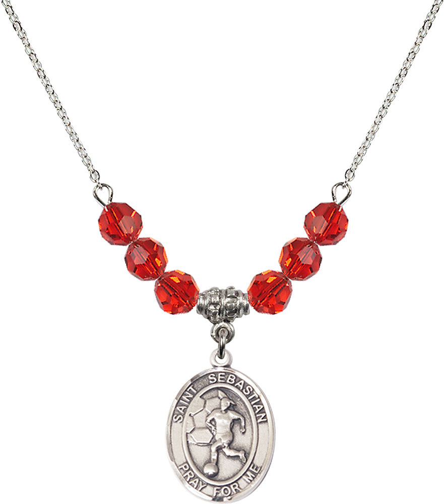 Sterling Silver Saint Sebastian/Soccer-Women Birthstone Necklace with Ruby Beads - 8617