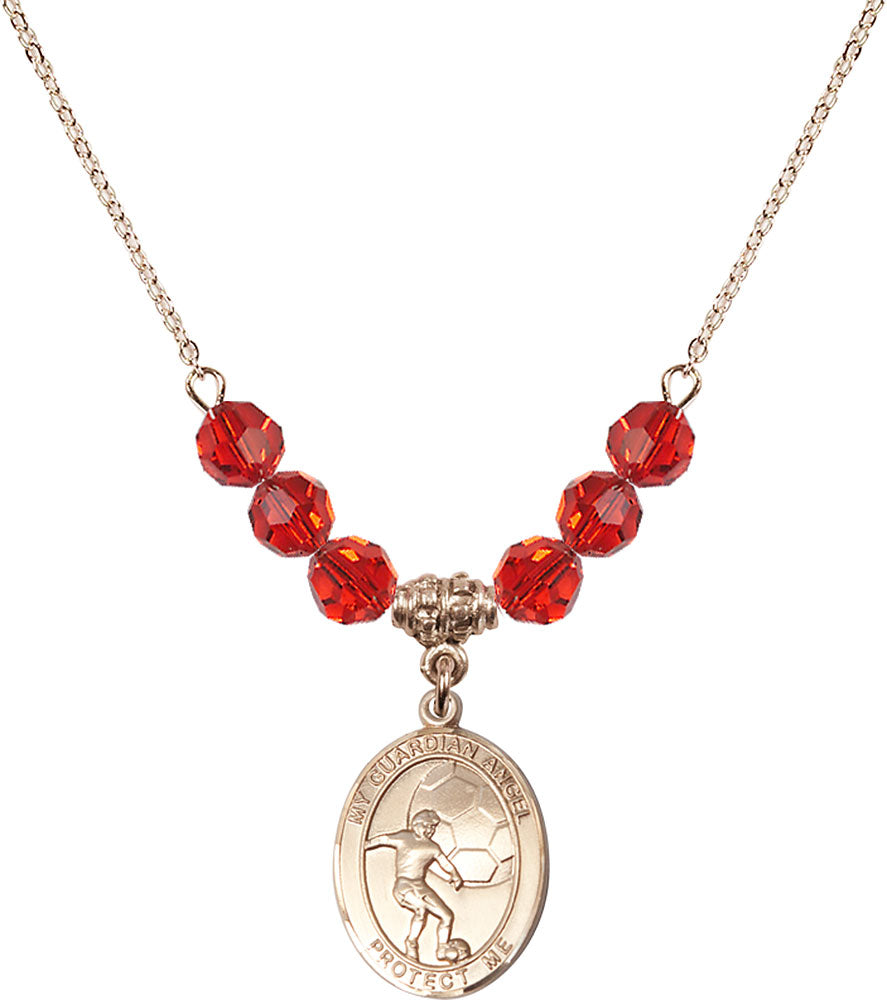 14kt Gold Filled Guardian Angel/Soccer Birthstone Necklace with Ruby Beads - 8703
