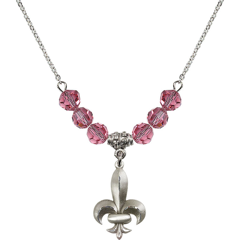 Sterling Silver Fleur de Lis Birthstone Necklace with Rose Beads - 0294