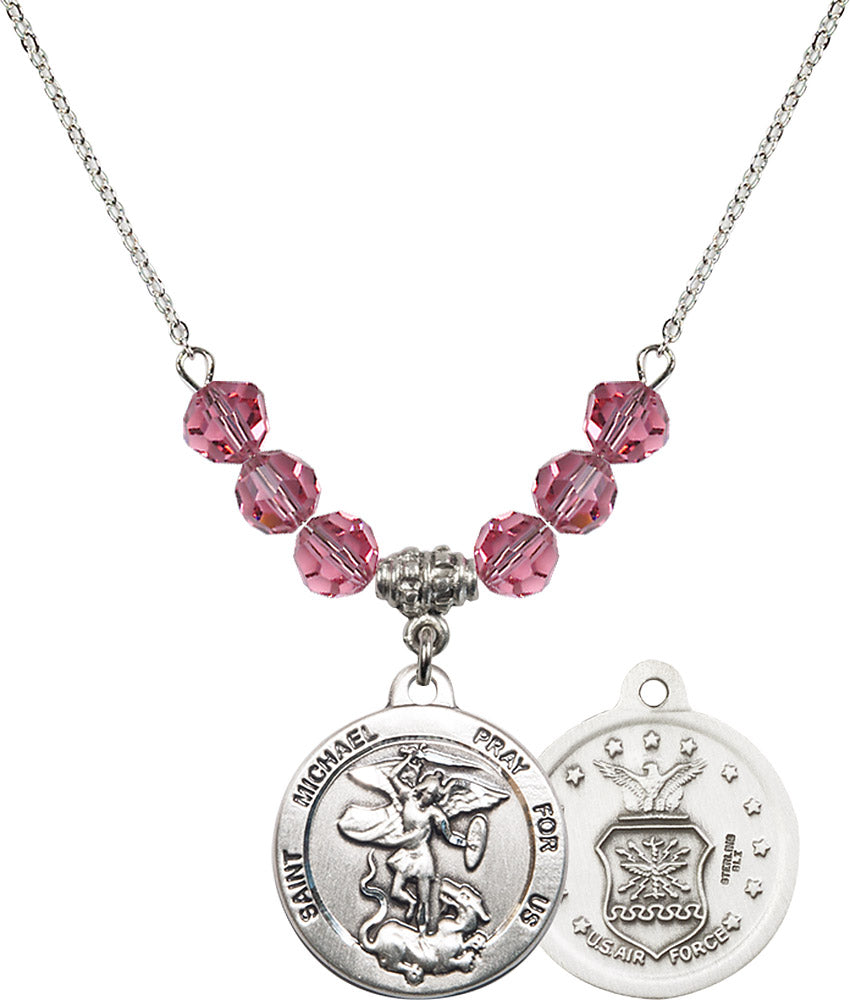 Sterling Silver Saint Michael / Air Force Birthstone Necklace with Rose Beads - 0342