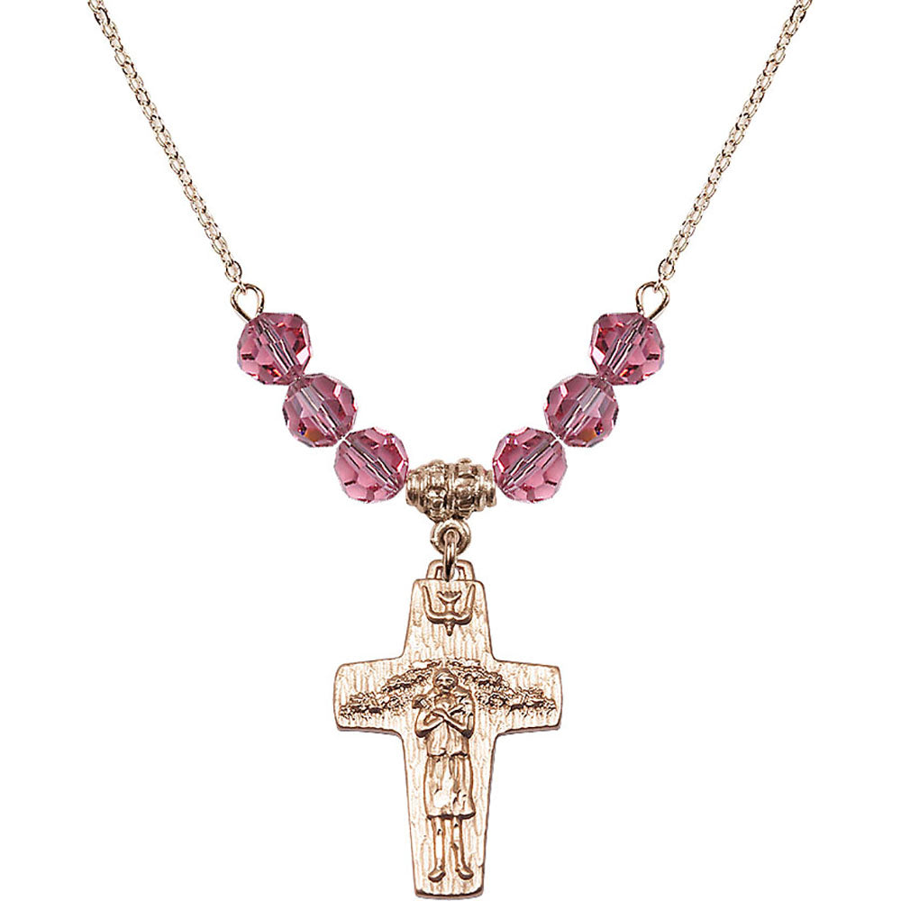 14kt Gold Filled Papal Crucifix Birthstone Necklace with Rose Beads - 0569