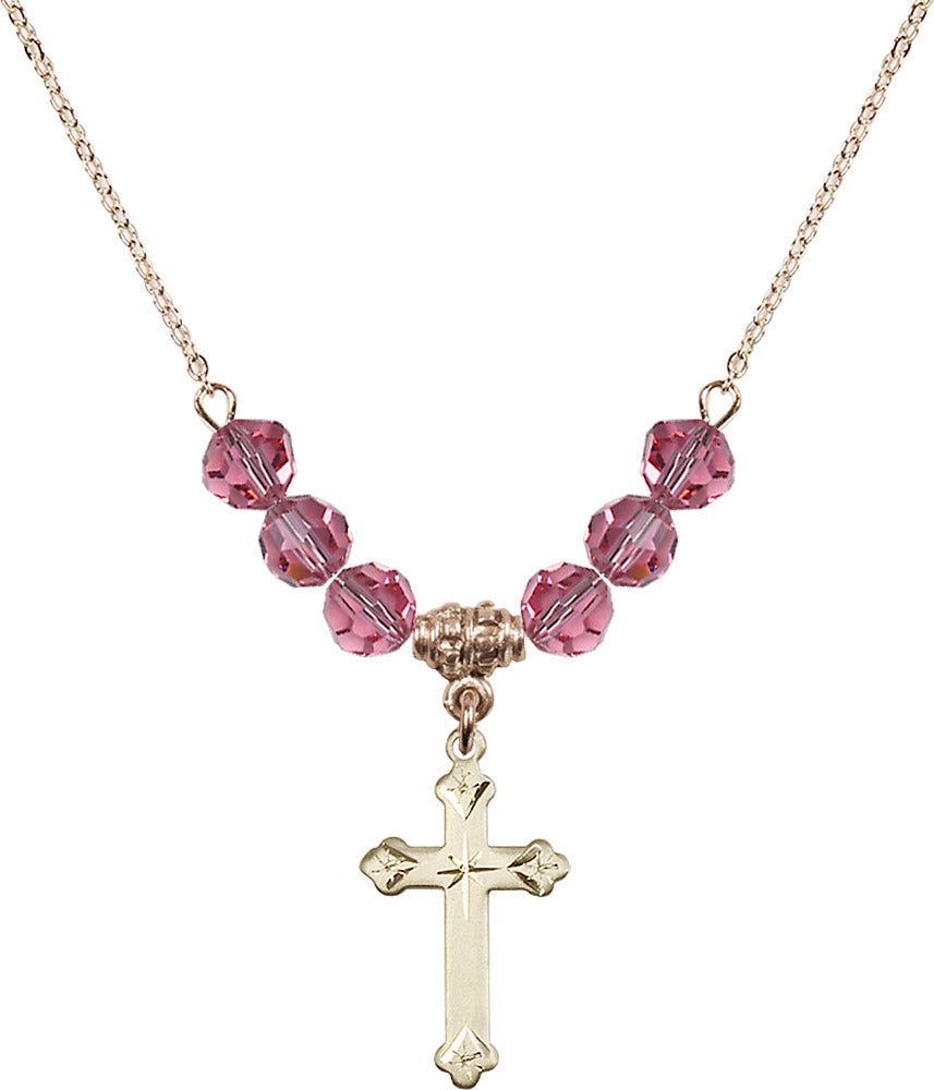 14kt Gold Filled Cross Birthstone Necklace with Rose Beads - 0667