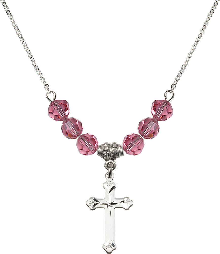 Sterling Silver Cross Birthstone Necklace with Rose Beads - 0667