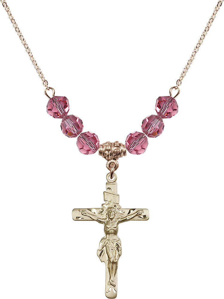 14kt Gold Filled Crucifix Birthstone Necklace with Rose Beads - 0668