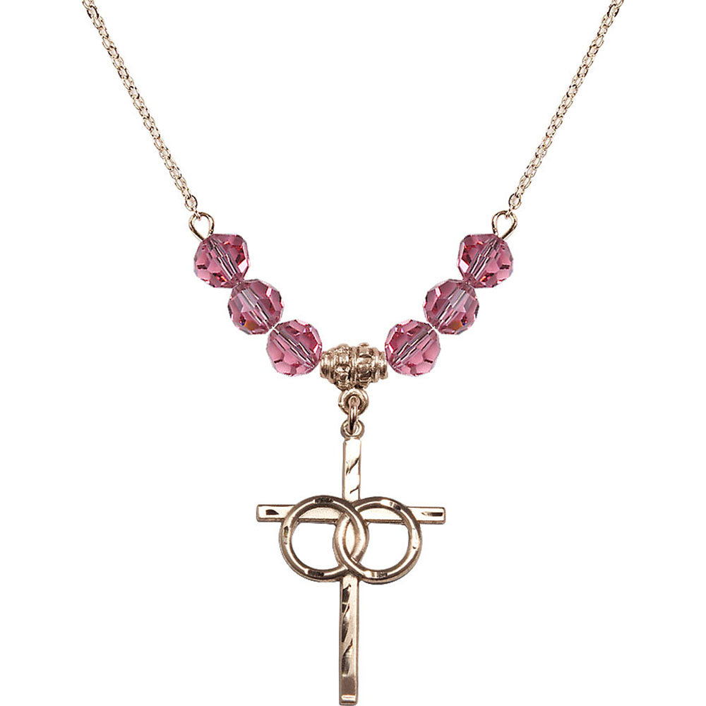 14kt Gold Filled Wedding Rings Cross Birthstone Necklace with Rose Beads - 0671