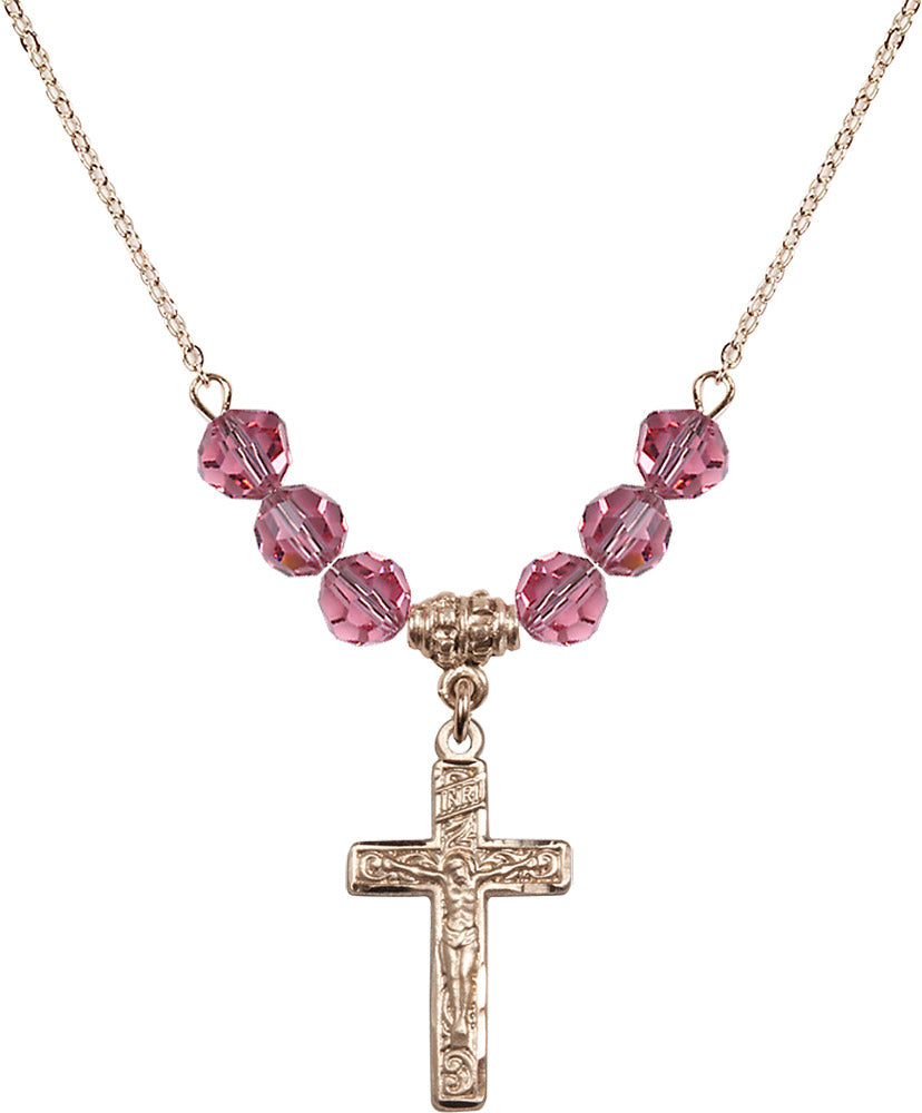 14kt Gold Filled Crucifix Birthstone Necklace with Rose Beads - 0673