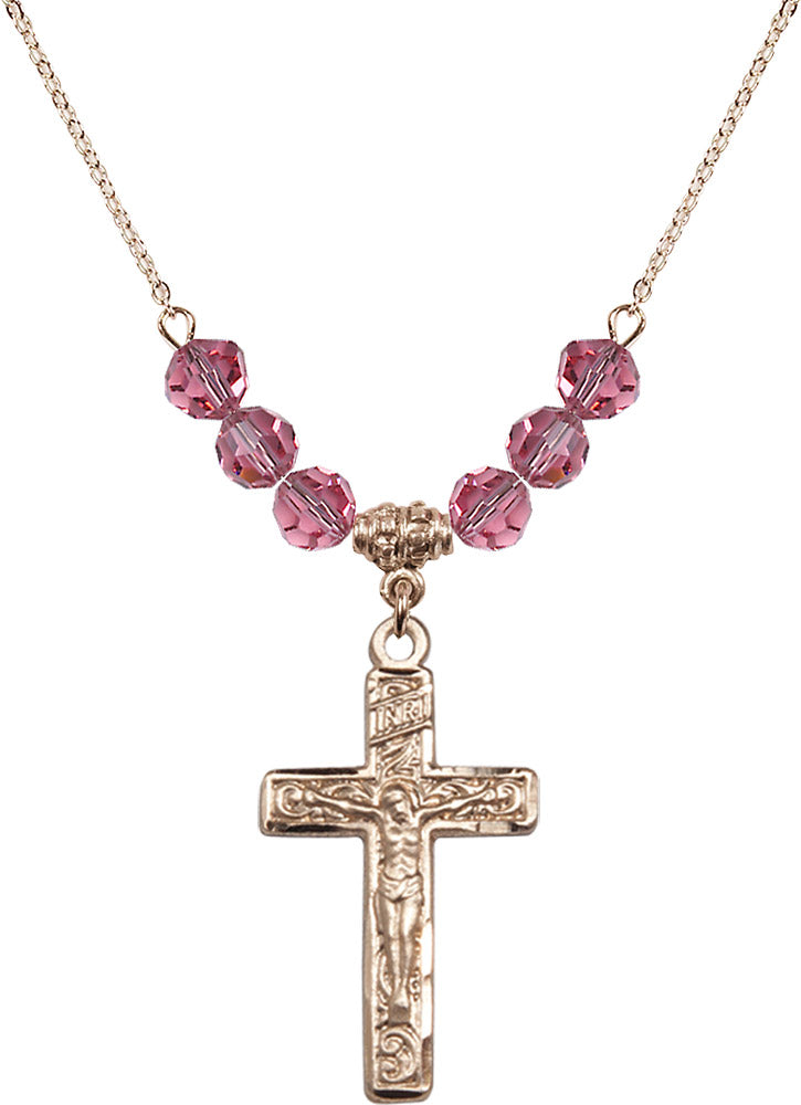 14kt Gold Filled Crucifix Birthstone Necklace with Rose Beads - 0674