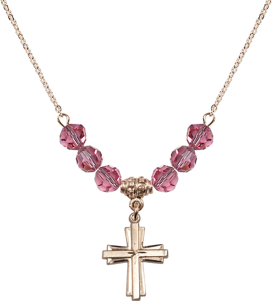 14kt Gold Filled Cross Birthstone Necklace with Rose Beads - 0675