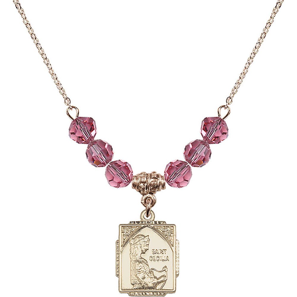 14kt Gold Filled Saint Cecilia Birthstone Necklace with Rose Beads - 0804