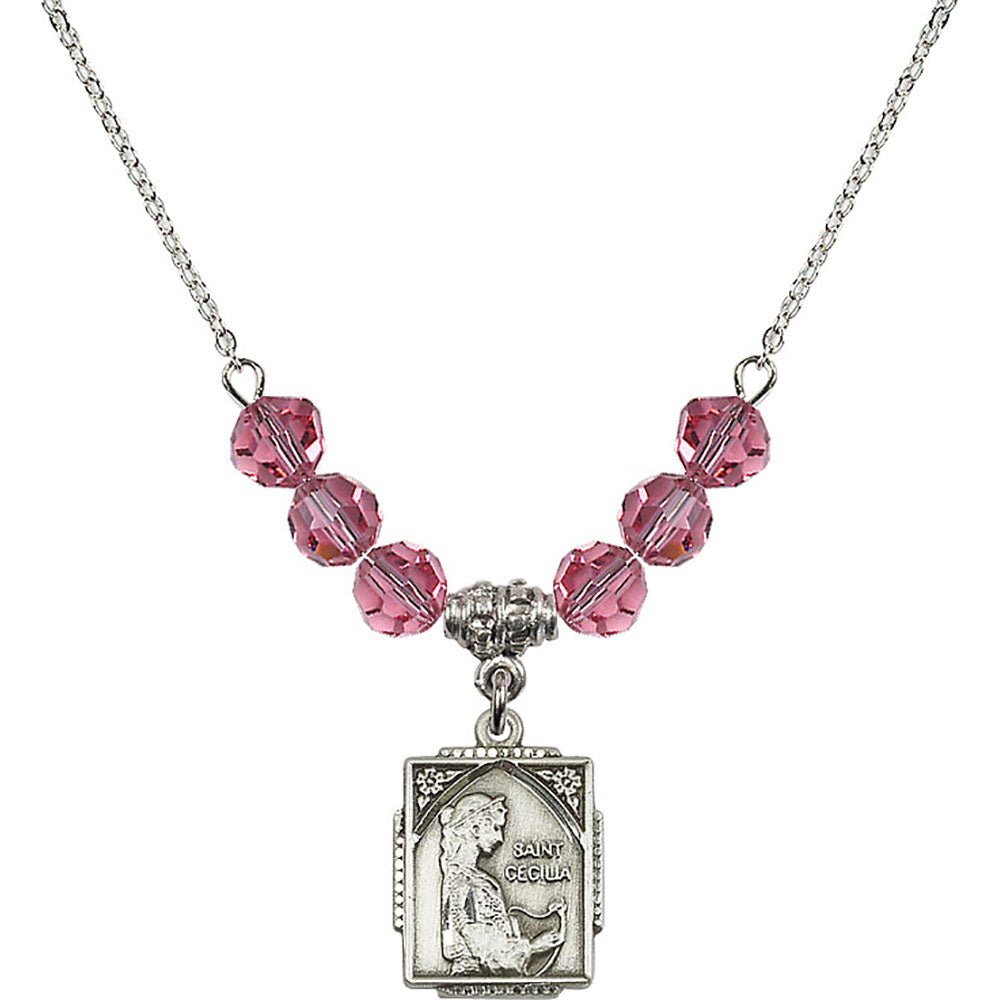 Sterling Silver Saint Cecilia Birthstone Necklace with Rose Beads - 0804