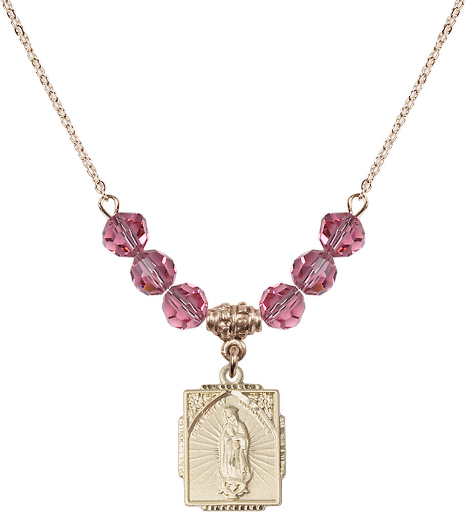 14kt Gold Filled Our Lady of Guadalupe Birthstone Necklace with Rose Beads - 0804