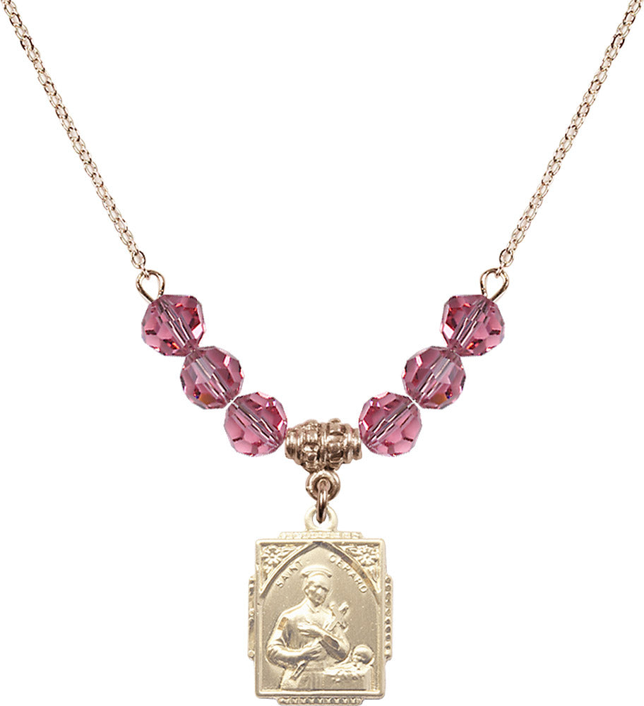 14kt Gold Filled Saint Gerard Birthstone Necklace with Rose Beads - 0804