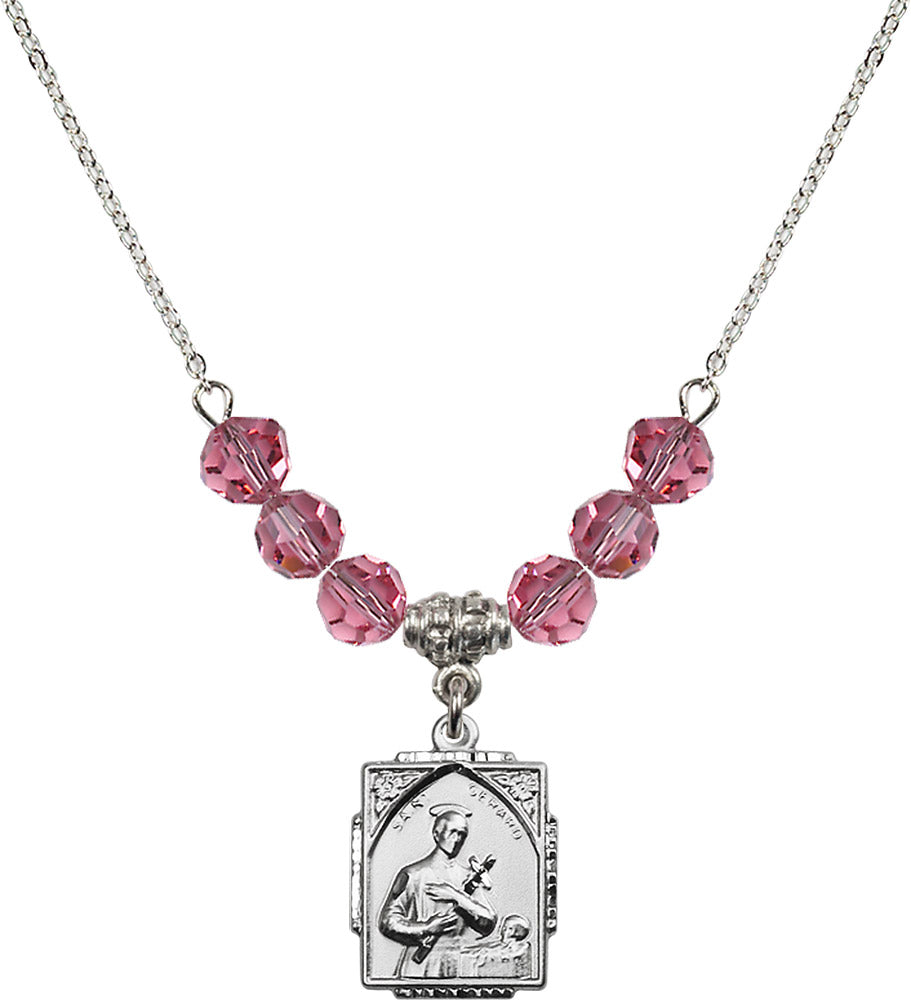 Sterling Silver Saint Gerard Birthstone Necklace with Rose Beads - 0804