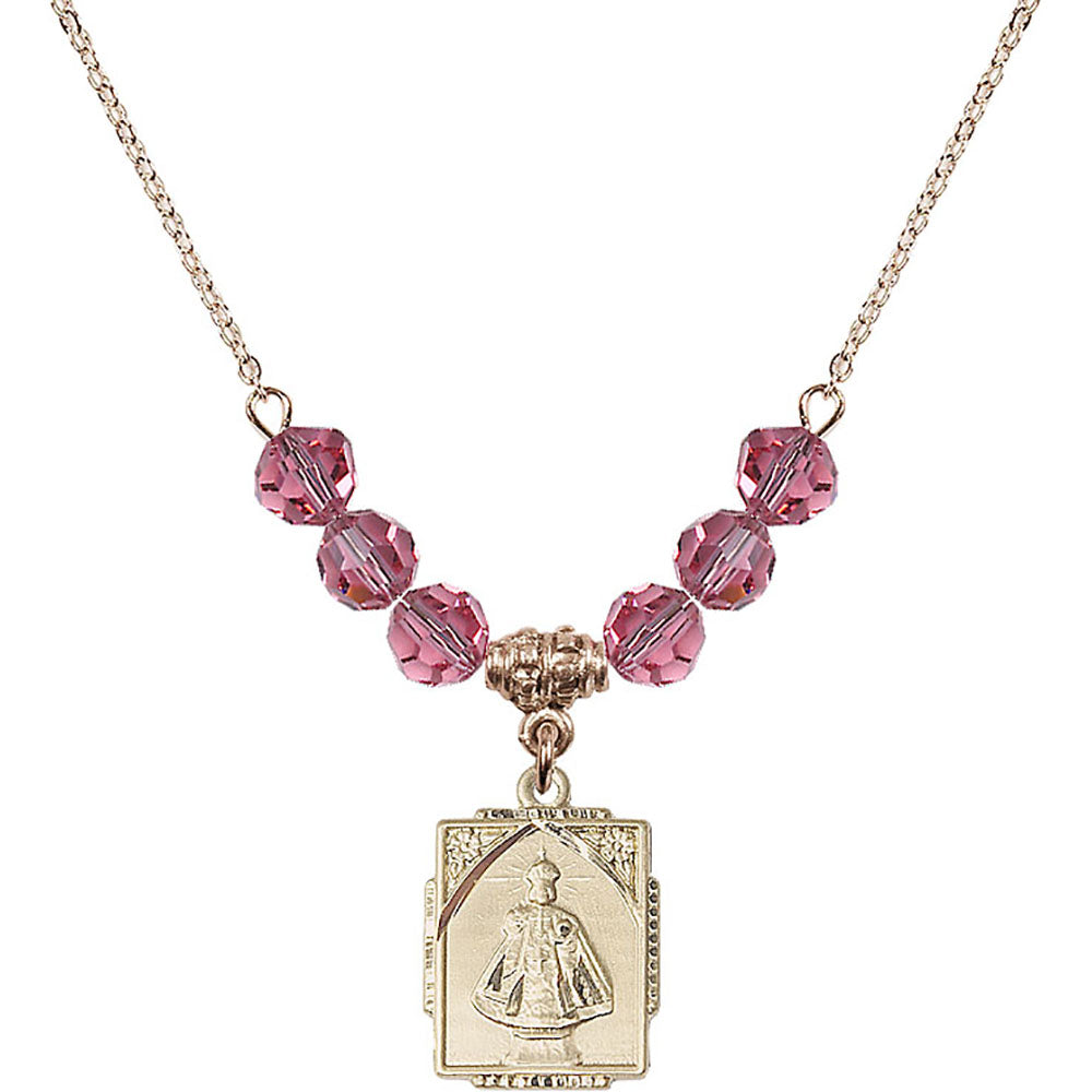 14kt Gold Filled Infant of Prague Birthstone Necklace with Rose Beads - 0804