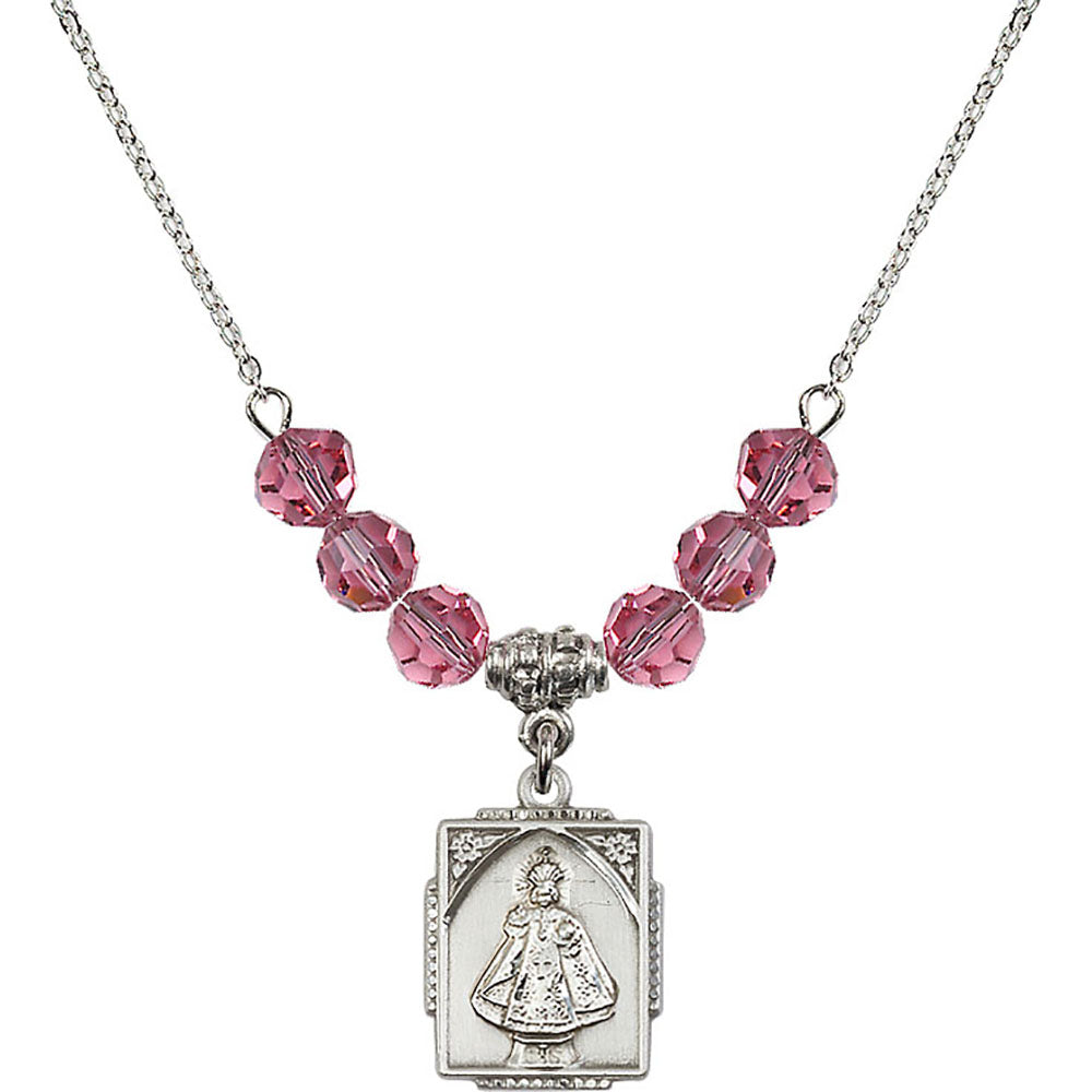 Sterling Silver Infant of Prague Birthstone Necklace with Rose Beads - 0804