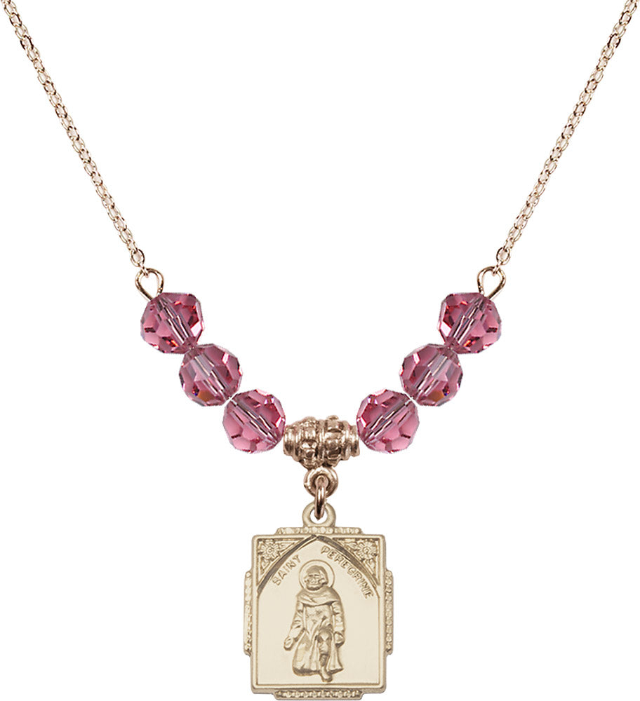 14kt Gold Filled Saint Peregrine Birthstone Necklace with Rose Beads - 0804