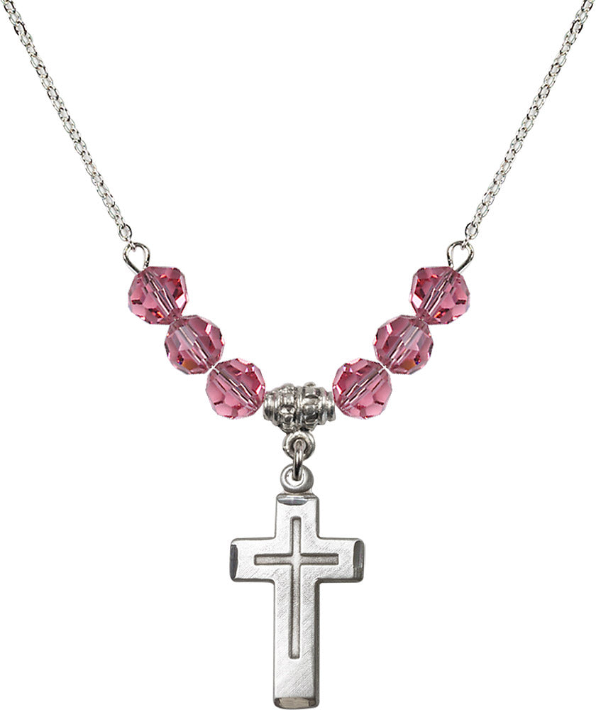 Sterling Silver Cross Birthstone Necklace with Rose Beads - 1529