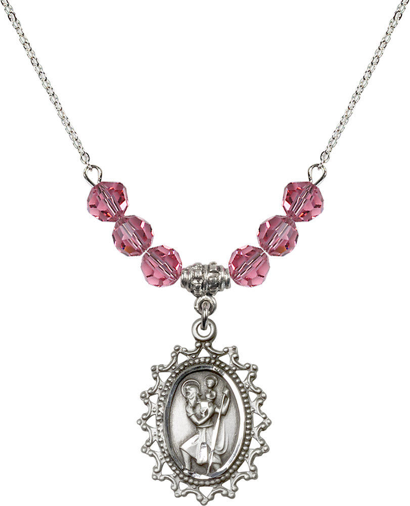 Sterling Silver Saint Christopher Birthstone Necklace with Rose Beads - 1619