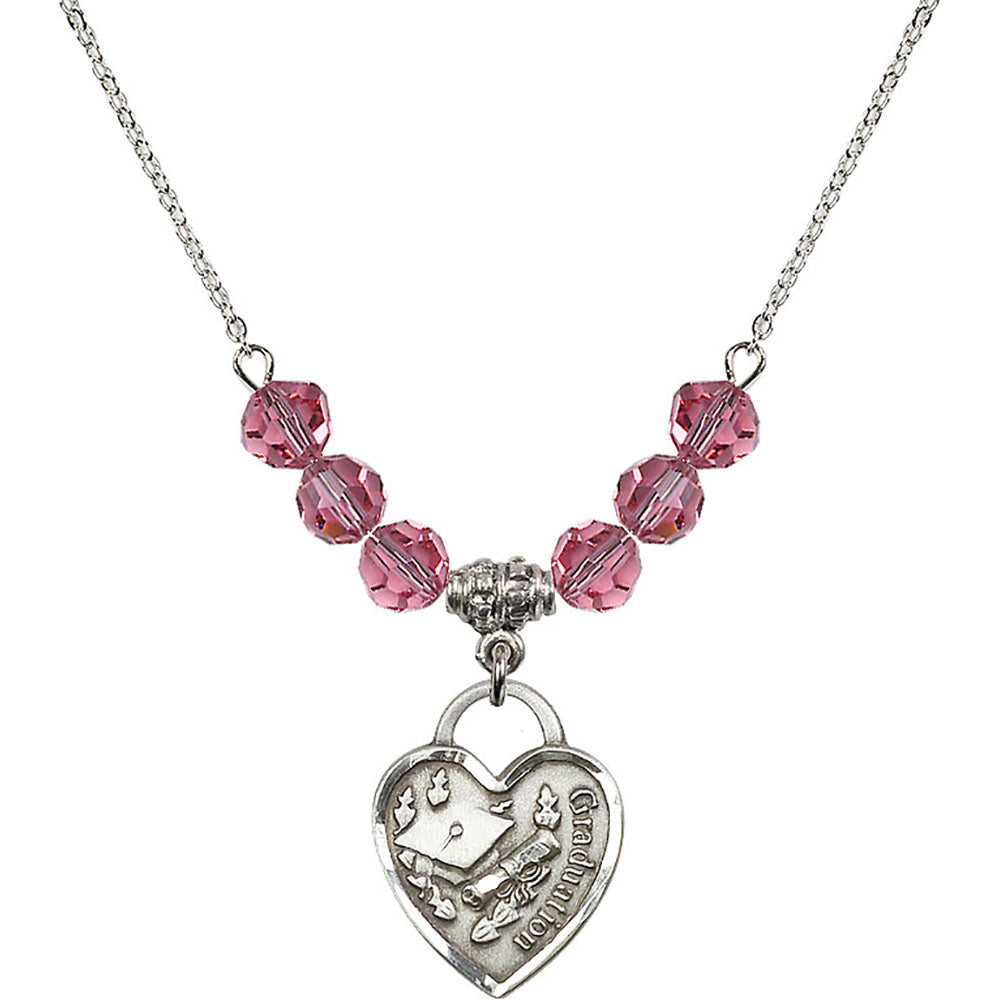 Sterling Silver Graduation Heart Birthstone Necklace with Rose Beads - 3206
