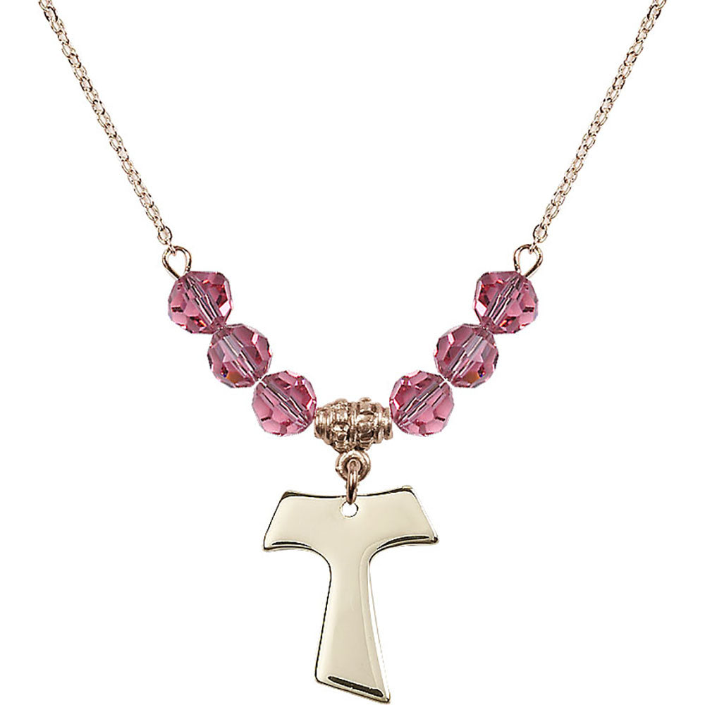14kt Gold Filled Tau Cross Birthstone Necklace with Rose Beads - 3948