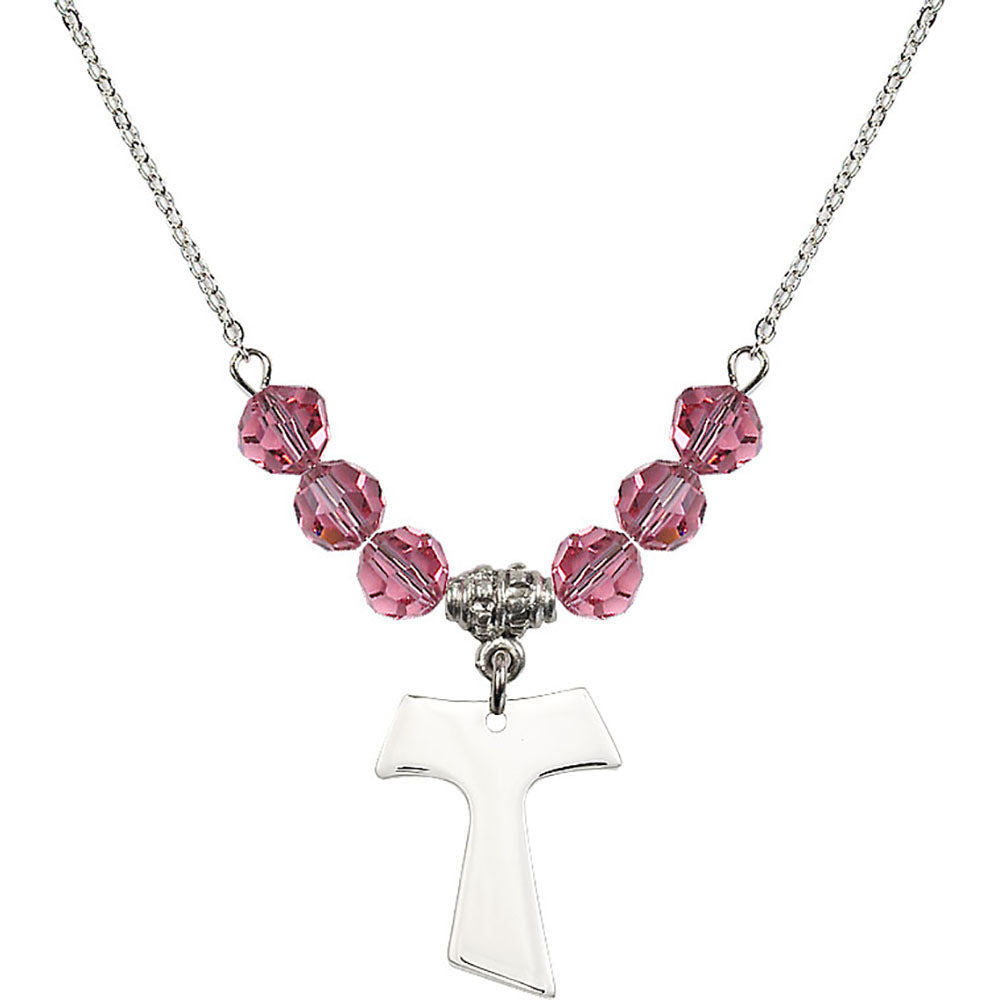 Sterling Silver Tau Cross Birthstone Necklace with Rose Beads - 3948