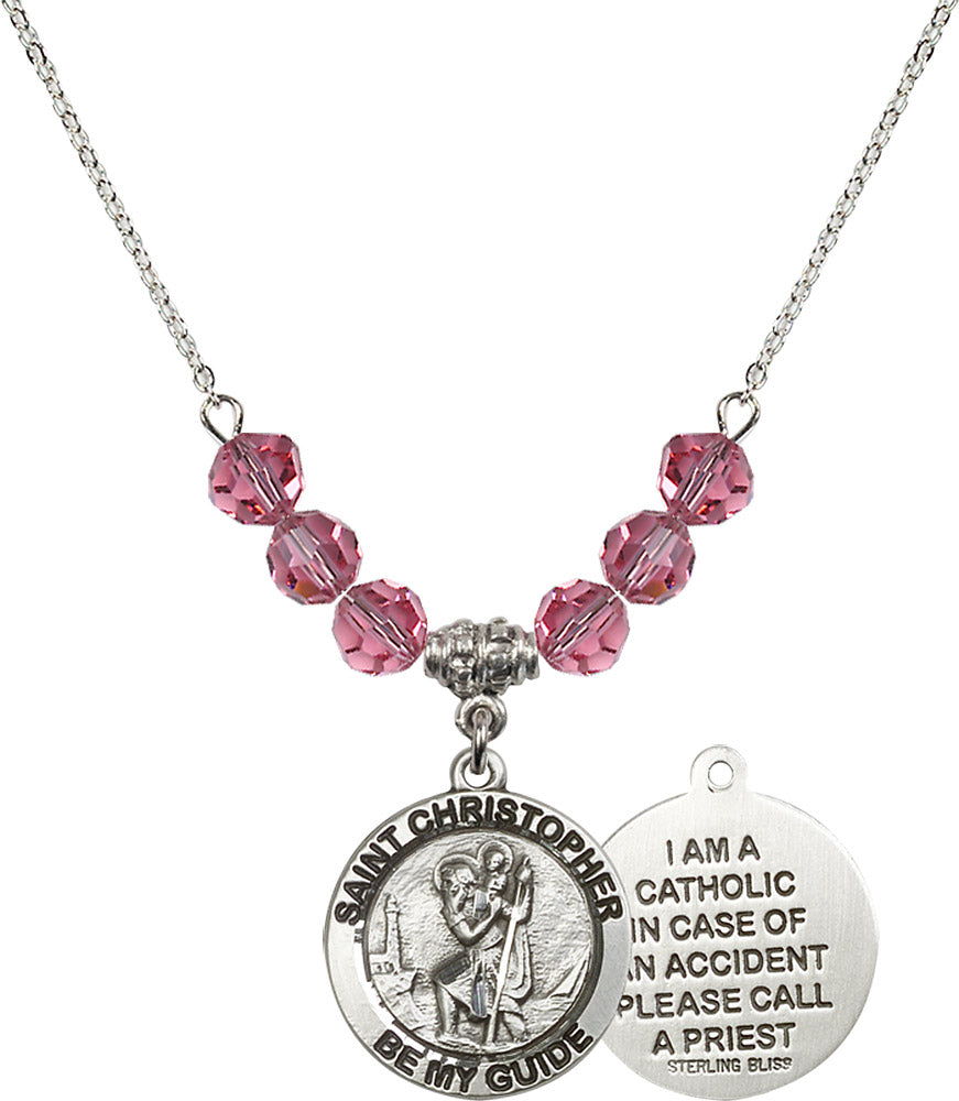Sterling Silver Saint Christopher Birthstone Necklace with Rose Beads - 4049