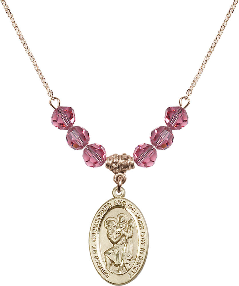 14kt Gold Filled Saint Christopher Birthstone Necklace with Rose Beads - 4123