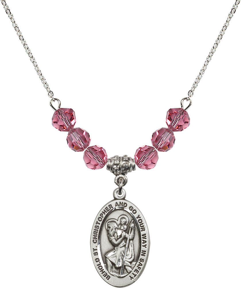 Sterling Silver Saint Christopher Birthstone Necklace with Rose Beads - 4123