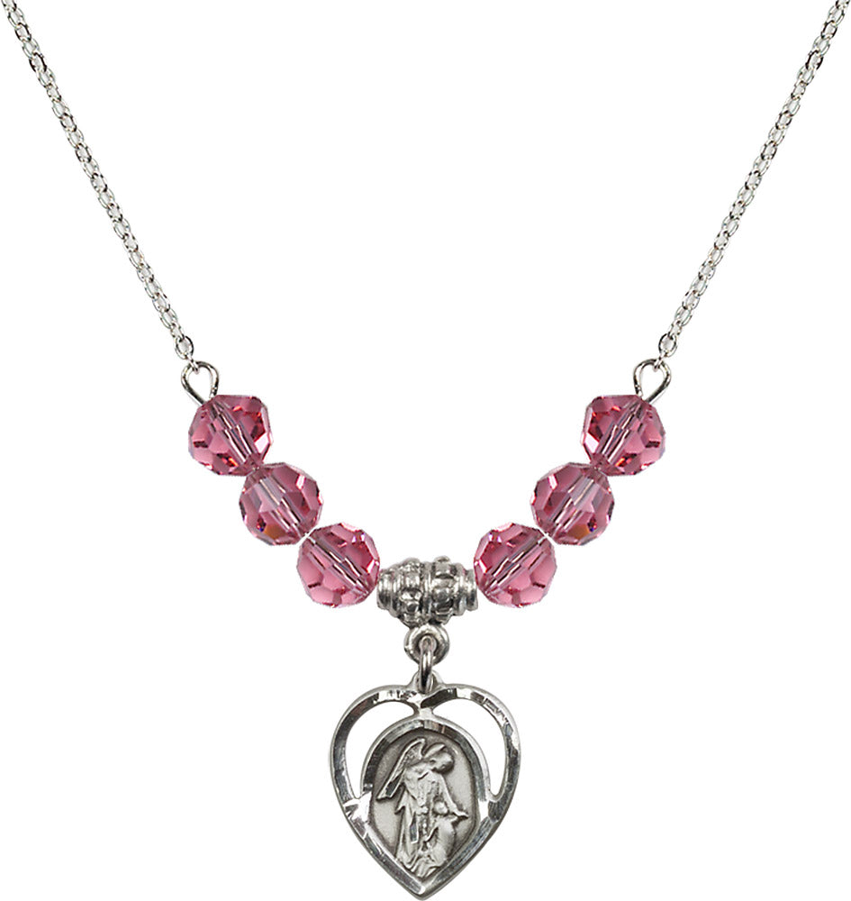 Sterling Silver Guardian Angel Birthstone Necklace with Rose Beads - 4129
