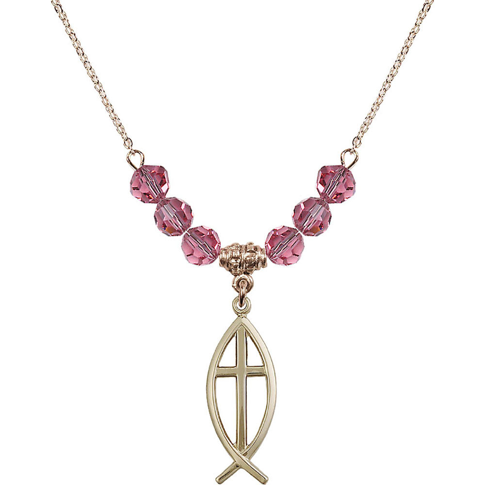 14kt Gold Filled Fish / Cross Birthstone Necklace with Rose Beads - 4252