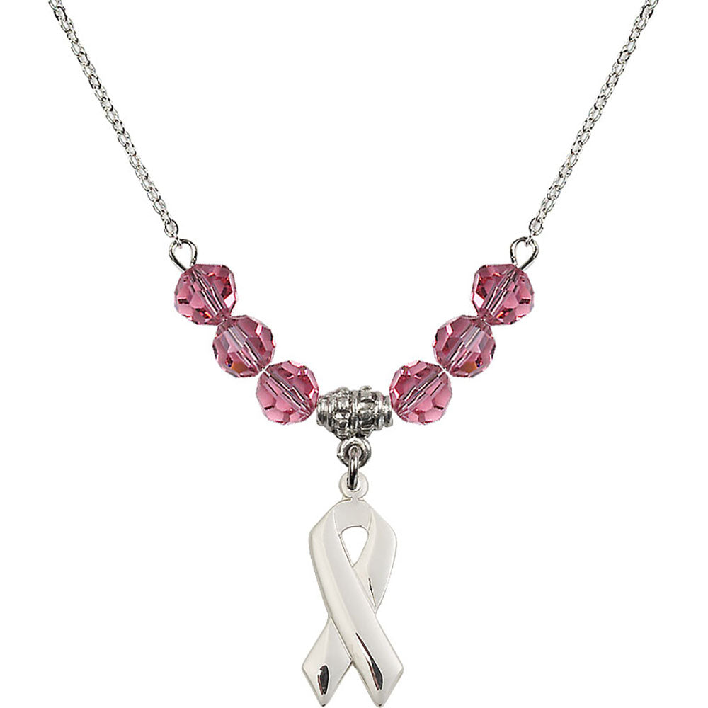 Sterling Silver Cancer Awareness Birthstone Necklace with Rose Beads - 5150