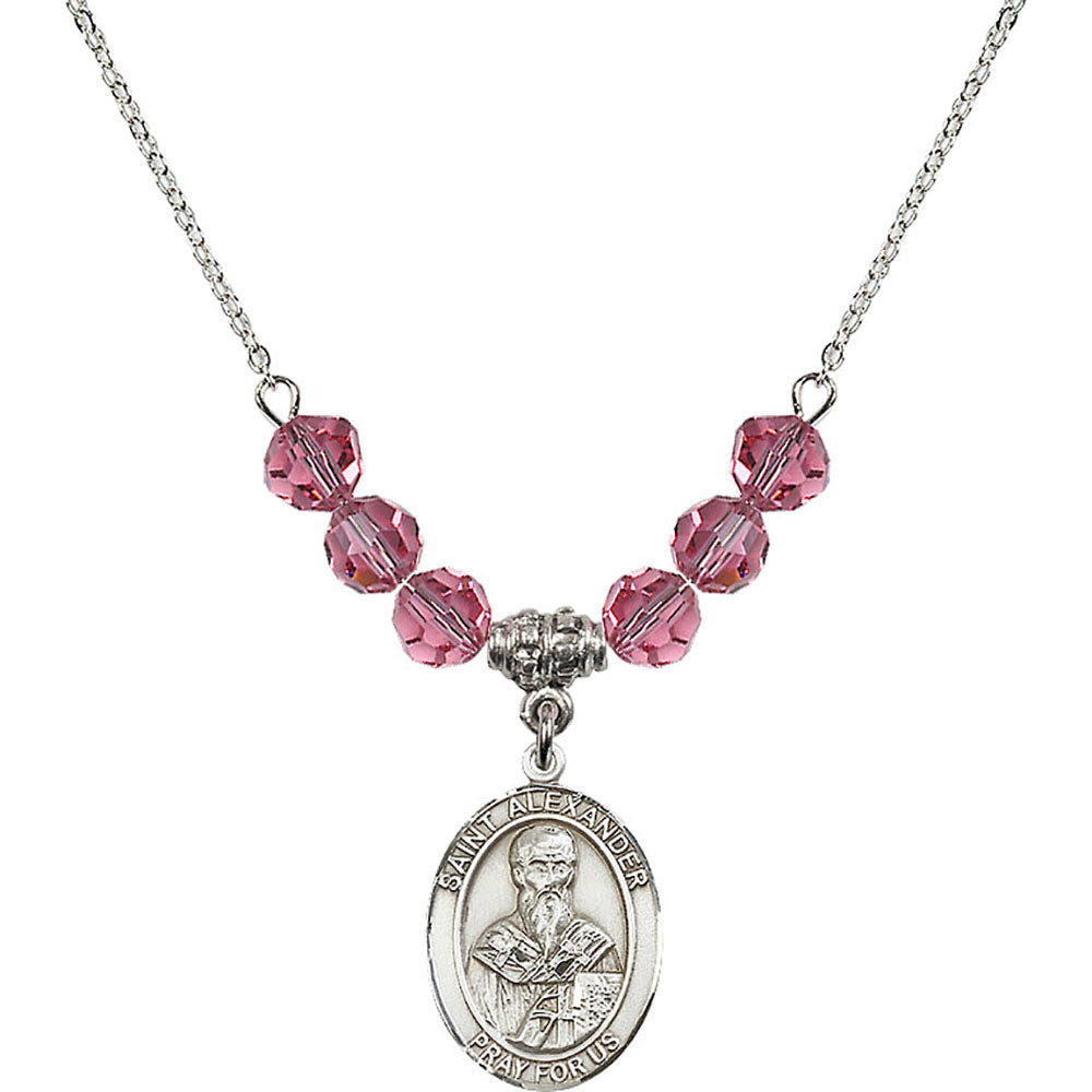 Sterling Silver Saint Alexander Sauli Birthstone Necklace with Rose Beads - 8012