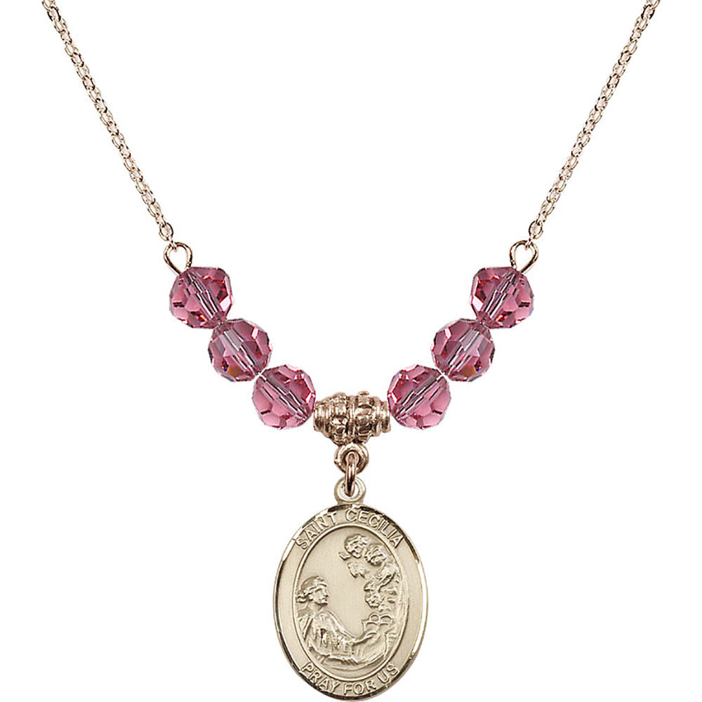 14kt Gold Filled Saint Cecilia Birthstone Necklace with Rose Beads - 8016