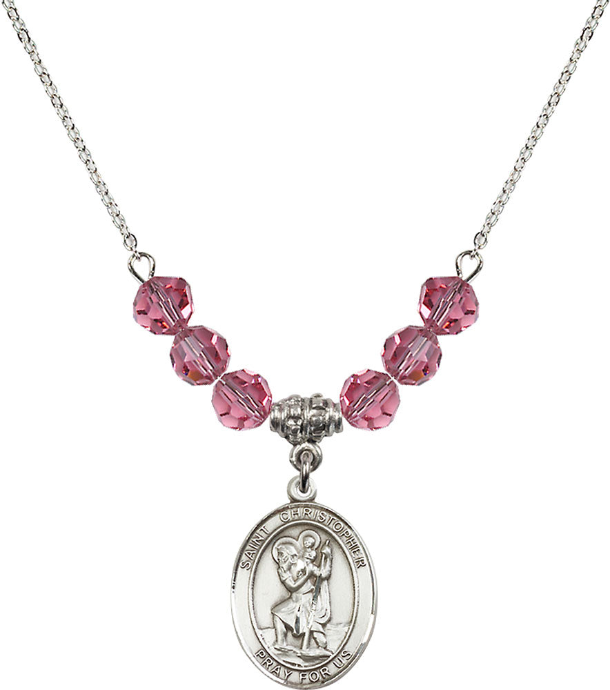 Sterling Silver Saint Christopher Birthstone Necklace with Rose Beads - 8022