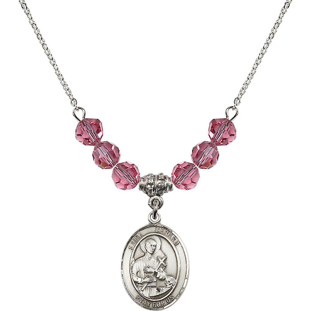 Sterling Silver Saint Gerard Majella Birthstone Necklace with Rose Beads - 8042