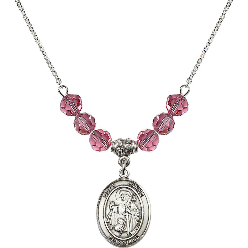 Sterling Silver Saint James the Greater Birthstone Necklace with Rose Beads - 8050