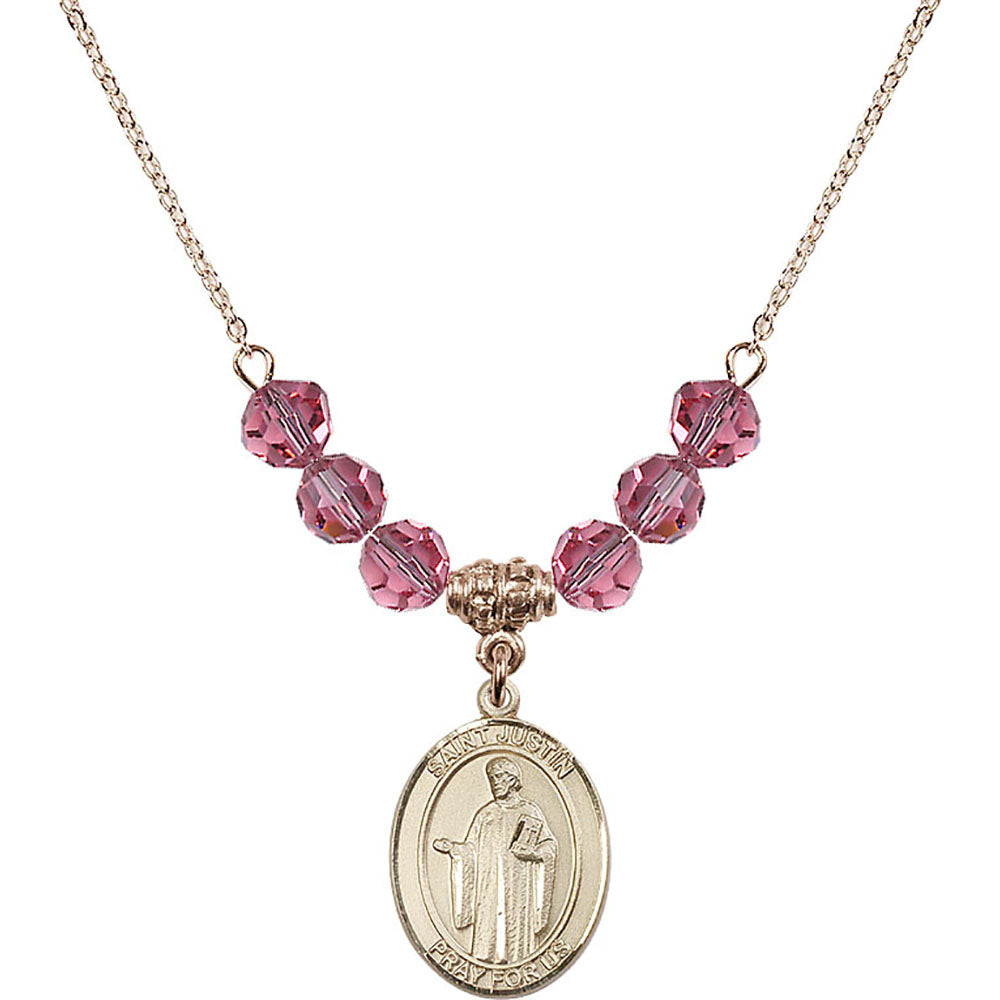 14kt Gold Filled Saint Justin Birthstone Necklace with Rose Beads - 8052