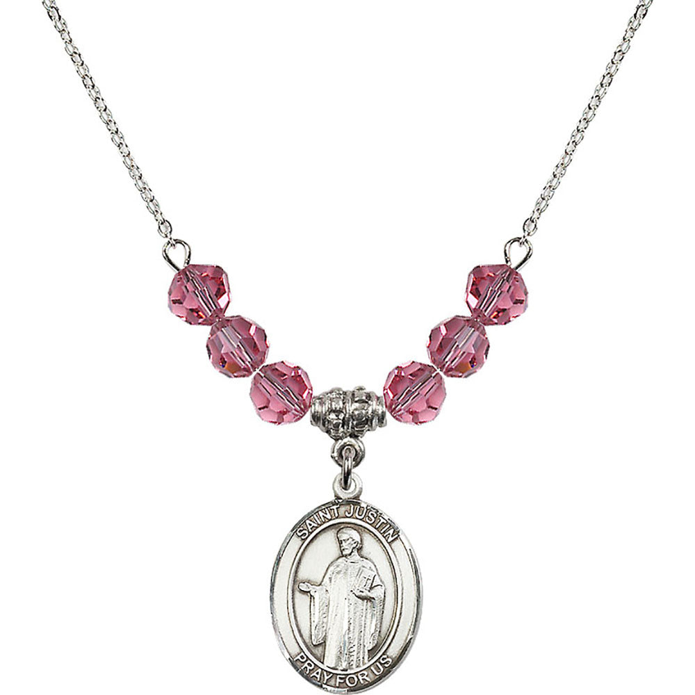 Sterling Silver Saint Justin Birthstone Necklace with Rose Beads - 8052