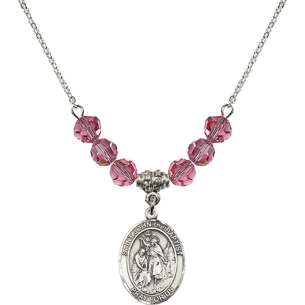 Sterling Silver Saint John the Baptist Birthstone Necklace with Rose Beads - 8054
